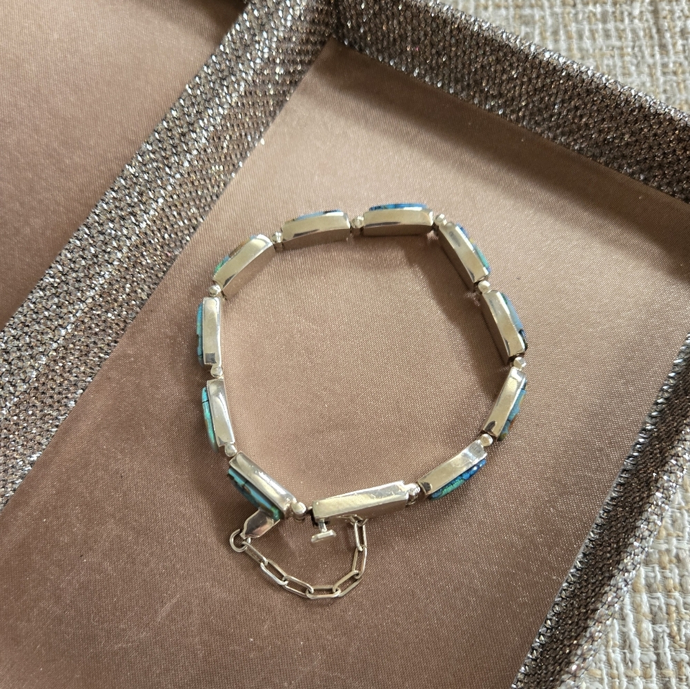 Vintage Navajo Calvin Begay Sterling Opal Bracelet - Picture 9 of 12